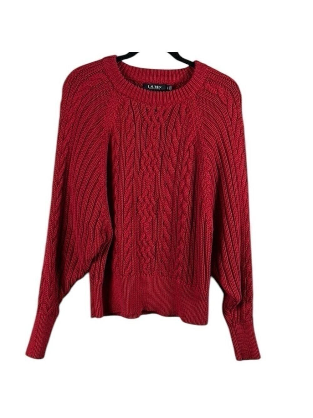 Lauren Ralph Lauren Black Label Red Cable Knit Dolman Sleeve Sweater Size L - Picture 2 of 8